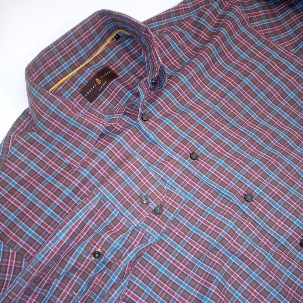 ROBERT TALBOTT shirt sz L brown blue red plaid mens button down classic office - Picture 1 of 4
